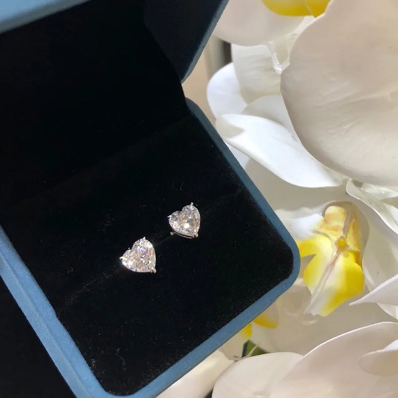Zircon Love Heart Stud Earrings 925 Sterling Silver Wedding Party Jewelry