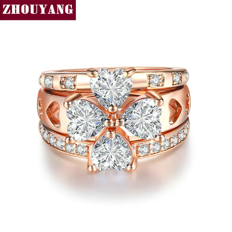 Sweet Heart Wedding Lucky Clover Ring Set with Cubic Zirconia