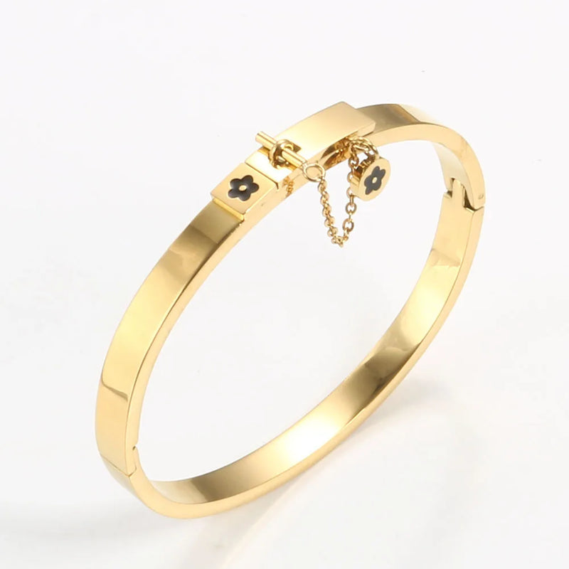 Lucky Flower Open Cuff Bangles Bracelet For Women Girls Stainless Steel Jewelry