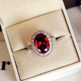 Oval Red Stone Ring Silver Promise Wedding Engagement Ring