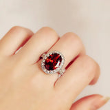 Oval Red Stone Ring Silver Promise Wedding Engagement Ring