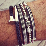 Men Bracelet Set Stainless Steel Nail Bangle CZ Pave Adjustable