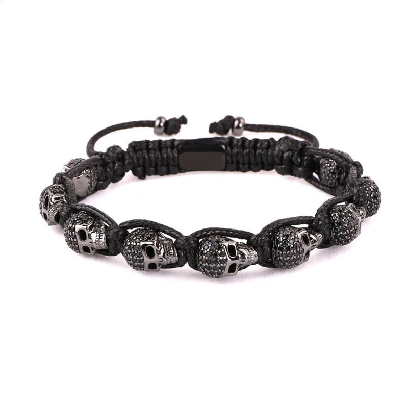 CZ Skull Head Braided Macrame Men's Bangle Bracelet