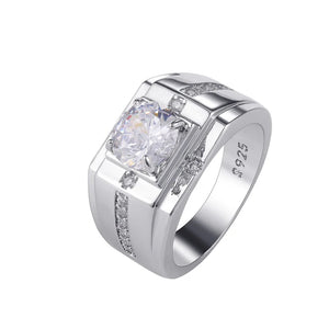 Men Silver Ring Clear CZ Zircon Stone Wedding Fine 925 Jewelry Gift