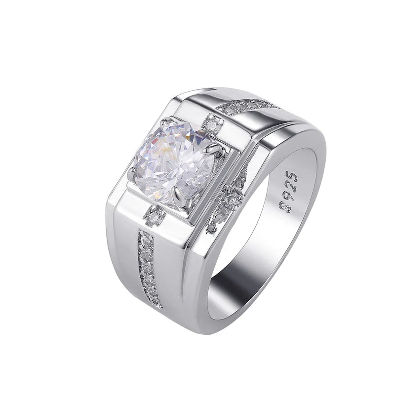 Men Silver Ring Clear CZ Zircon Stone Wedding Fine 925 Jewelry Gift