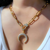 Moon Big Pendant Necklace Gold-Plated Chain Zircon Choker