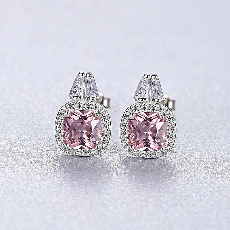 Morganite Gemstone Stud Earrings 925 Silver Pink Diamond Gems Fine Jewelry