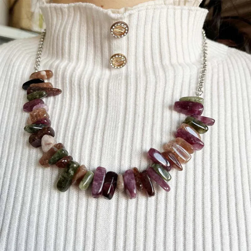 Multi-Color Tourmaline Necklace Natural Gem Stone Women Wedding Love