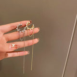 Multi-Layer Clip Earrings Geometric Zircon Pearl Ear Bone Tassel Earring
