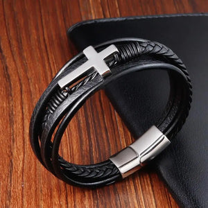 Cross Classic Stainless Steel Men's Leather Bracelet Christmas