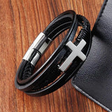 Cross Classic Stainless Steel Men's Leather Bracelet Christmas