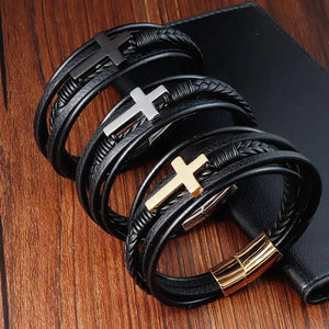 Cross Classic Stainless Steel Men's Leather Bracelet Christmas