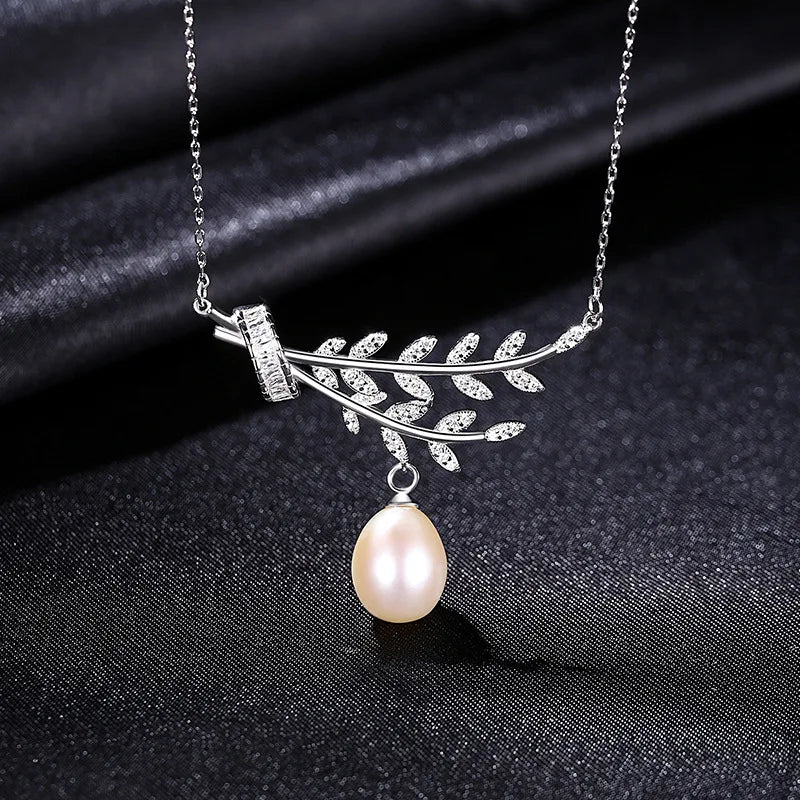 Freshwater Pearl Pendant 925 Sterling Silver Leaf Necklace