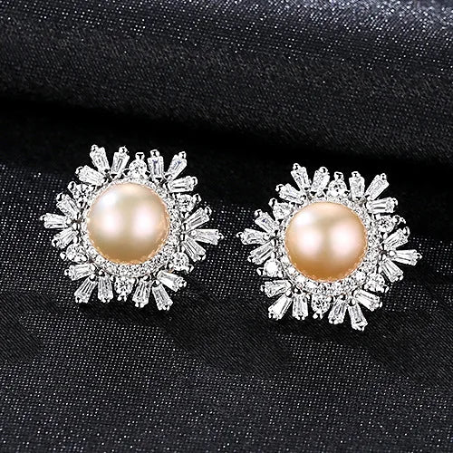 Freshwater Pearl Stud Earrings 925 Sterling Silver Snowflake Earrings