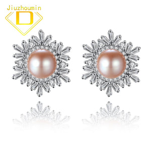 Freshwater Pearl Stud Earrings 925 Sterling Silver Snowflake Earrings