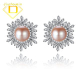 Freshwater Pearl Stud Earrings 925 Sterling Silver Snowflake Earrings