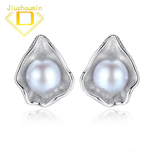 Grey Sheel Pearl Stud Earrings 925 Sterling Silver Retro Fine Jewelry