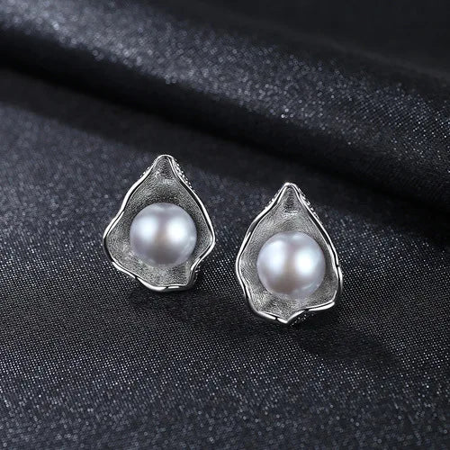 Grey Sheel Pearl Stud Earrings 925 Sterling Silver Retro Fine Jewelry