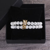 Natural Stone Beads Couple Bracelet Set CZ King Queen Crown Charm Women Yoga