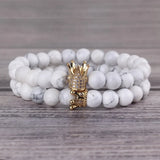 Natural Stone Beads Couple Bracelet Set CZ King Queen Crown Charm Women Yoga