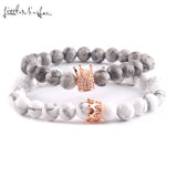 Natural Stone Beads Couple Bracelet Set CZ King Queen Crown Charm Women Yoga