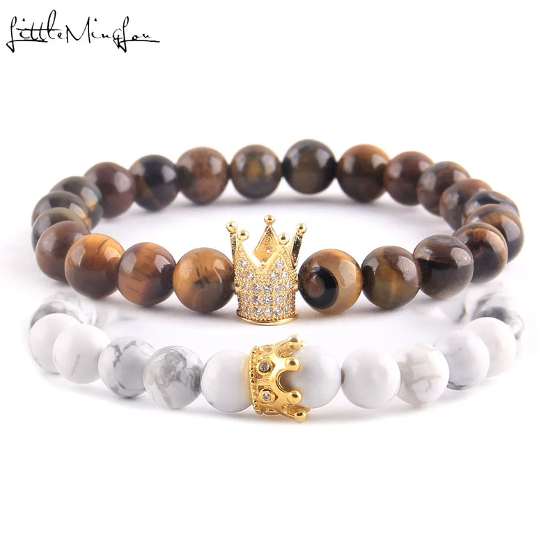 Natural Stone Beads Couple Bracelet Set CZ King Queen Crown Charm Women Yoga