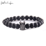 Natural Stone Beads Couple Bracelet Set CZ King Queen Crown Charm Women Yoga