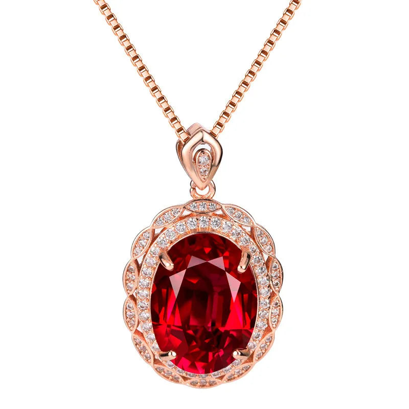 925 Silver Necklace with Ruby Zircon Oval Pendant for Women Wedding