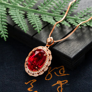 925 Silver Necklace with Ruby Zircon Oval Pendant for Women Wedding