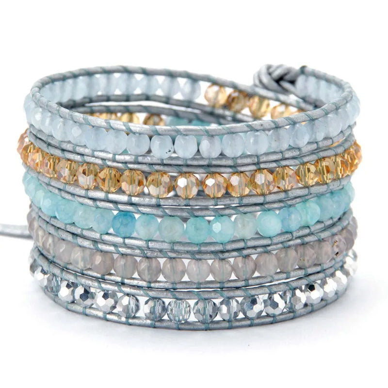 Semi Precious Stone Crystal Leather Wrap Bracelet