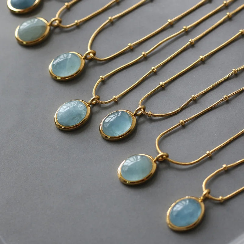 Aquamarine Pendant Necklace 18K Plated Steel Choker Jewelry