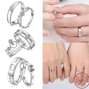 Crown LOVE Heart Adjustable Couple Rings S925 Silver Wedding Jewelry