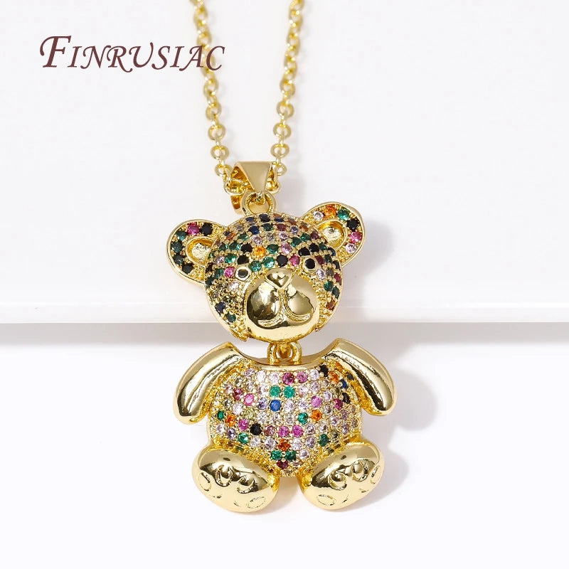 Colored Zircon Bear Necklace 18K Plated Animals Pendant Women