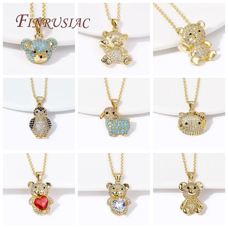 Colored Zircon Bear Necklace 18K Plated Animals Pendant Women