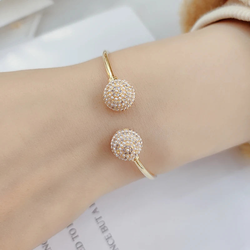 Pearl CZ Cuff Bracelet Bangle for Women Elegant Hand Jewelry 