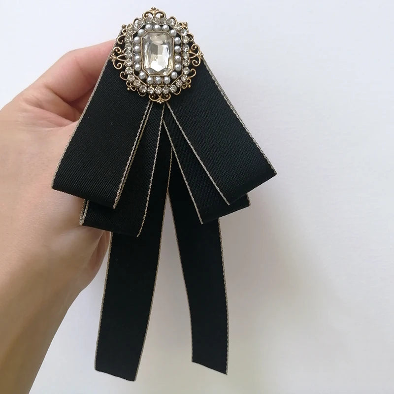 Pearl Vintage Brooch Pins Ribbon Brooches for Women Rhinestones Bow