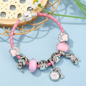 Pink Leather Chain Charm Bracelets Dog Bone Pendant Women Men Kids Couples