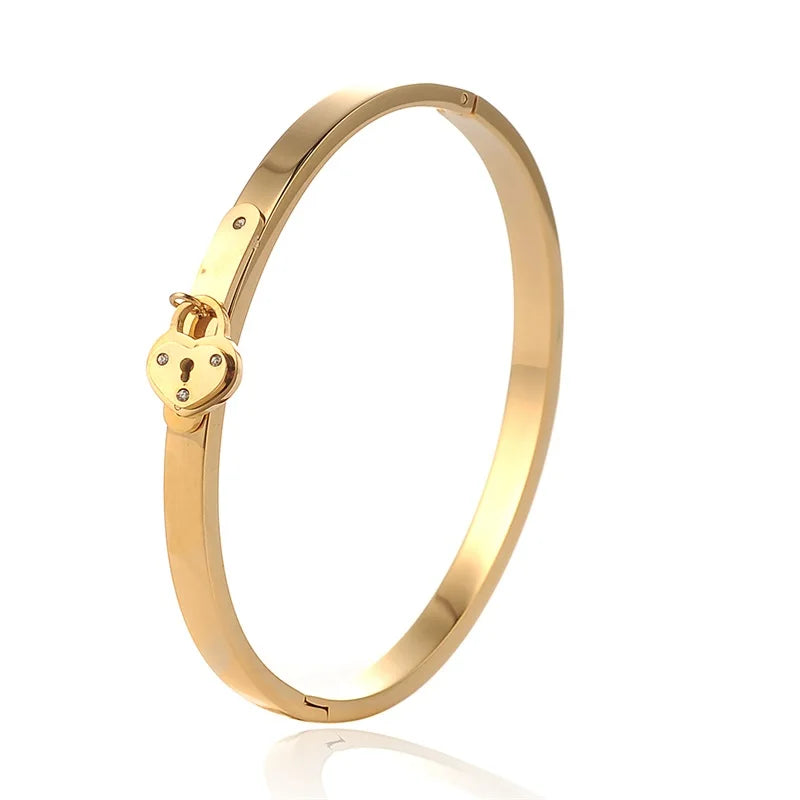 Heart Lock Love Rhinestone Bead Cuff Stainless Steel Bangles Bracelet