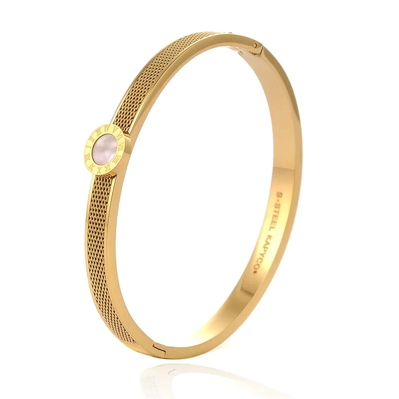 Hollow Rhinestone Stainless Steel Wristband Bracelet Roman numeral Cuff