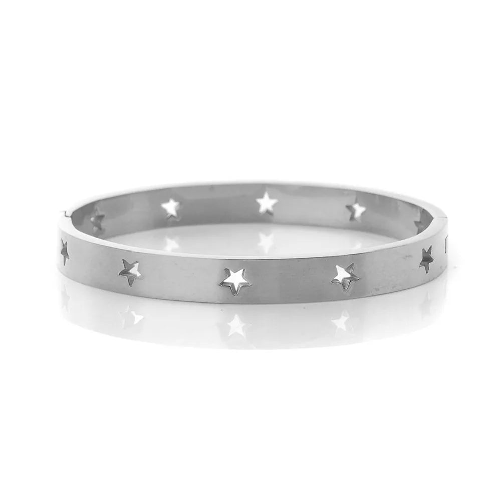 Pentagram Hollow Cuff Stainless Steel Wristband Bracelet for Women