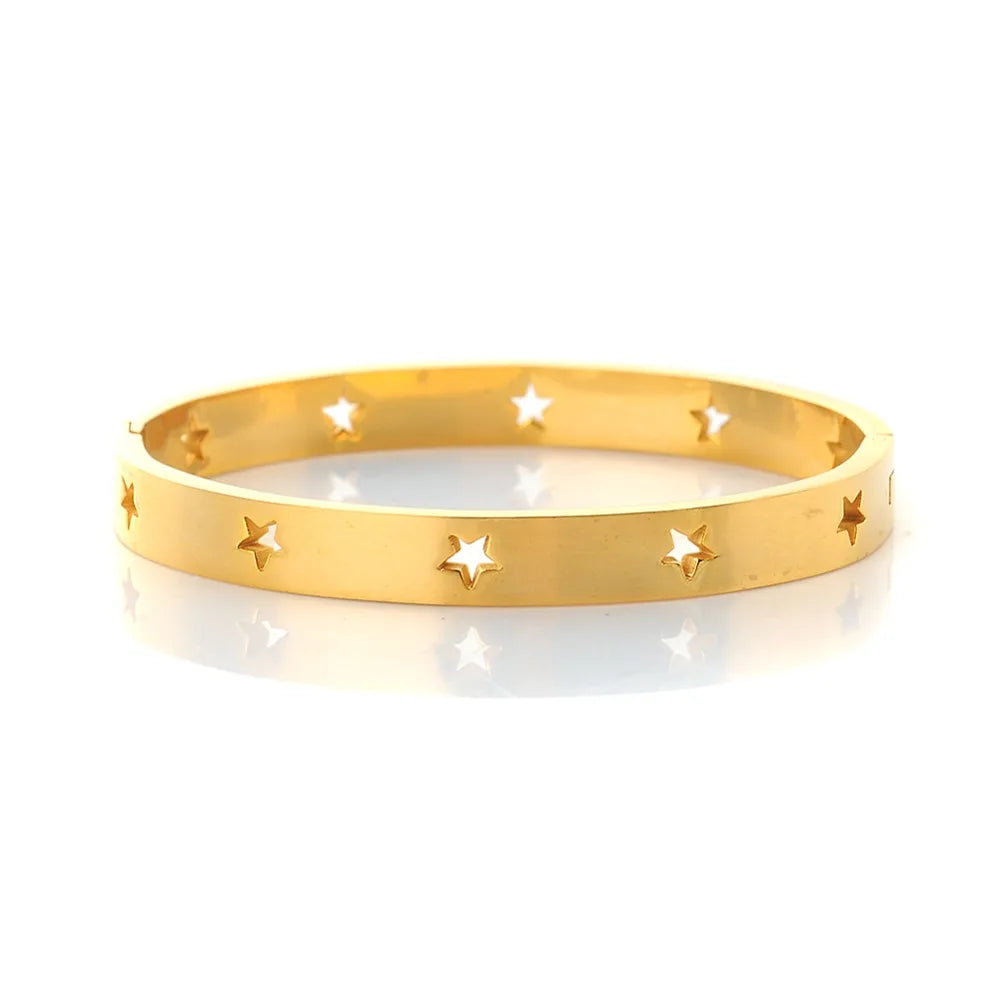 Pentagram Hollow Cuff Stainless Steel Wristband Bracelet for Women