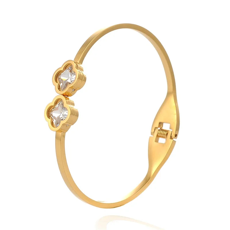 Two Four-leaf Clover Rhinestone Beads Cuff Stainless Steel Wristband Bangles