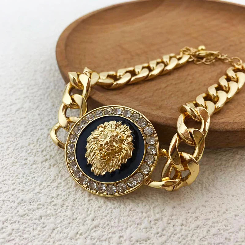 Punk Lion Head Charm Bracelet Zircon Chain Bangle