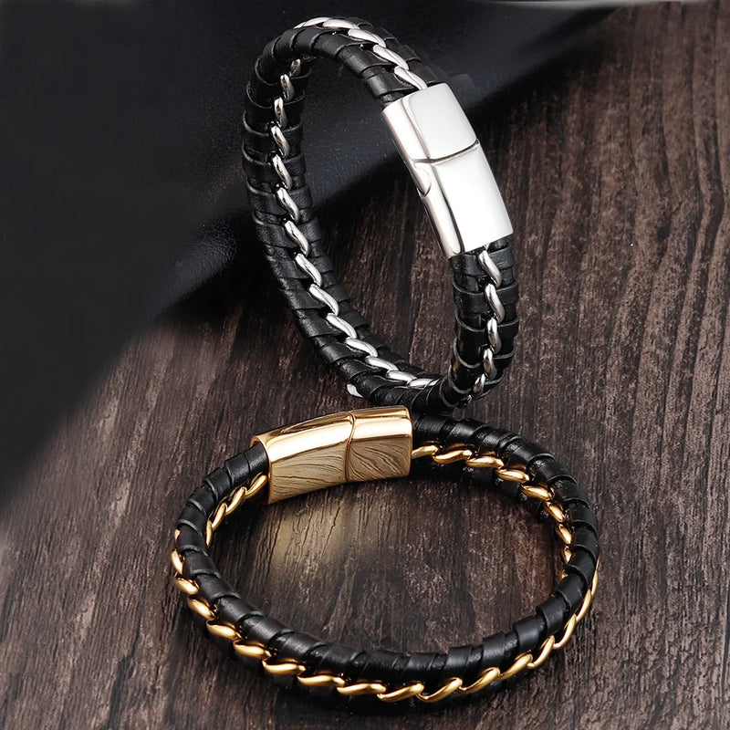 Punk Stainless Steel Chain Leather Bracelet Men Gift