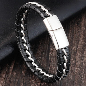 Punk Stainless Steel Chain Leather Bracelet Men Gift