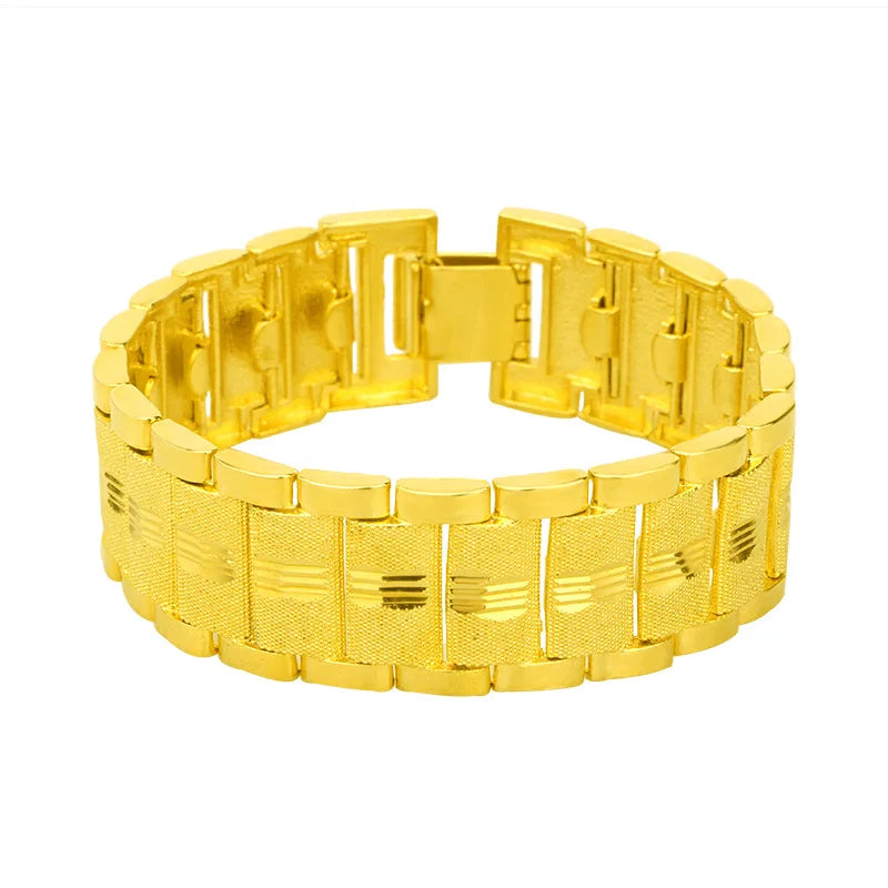 Personalized 24K Men's Bracelet Wide Plated Watch Chain Bangle
