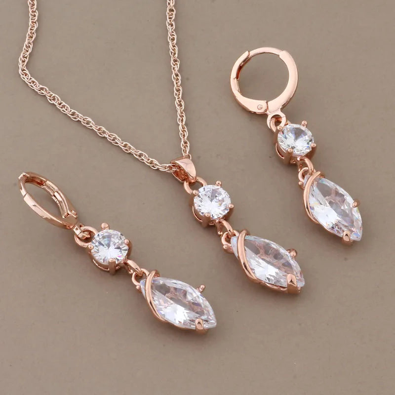 Natural Zircon Earring Pendant Set 585 Rose Wedding Jewelry Set
