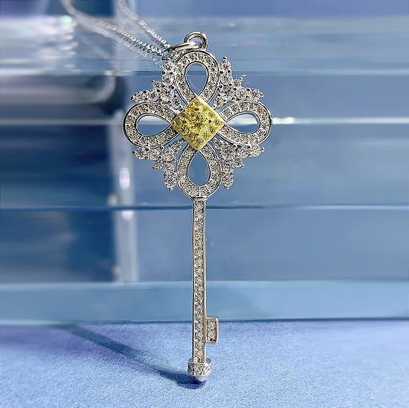 925 Silver Citrine Sapphire Key Pendant Necklace Fine Jewelry