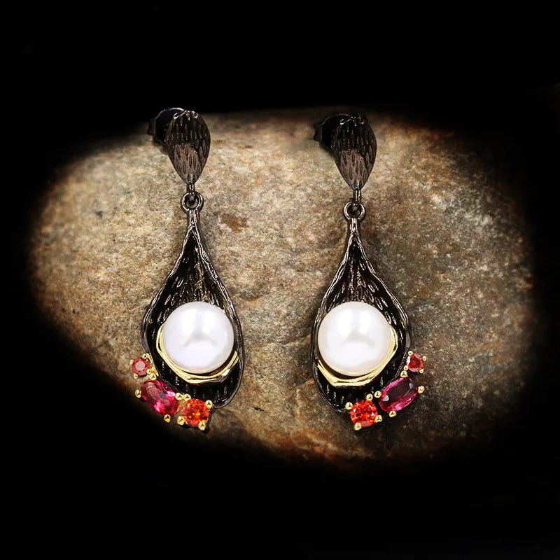 Retro Diamond-studded Pearl Earrings Wild Hollow Water Drop Jewelry
