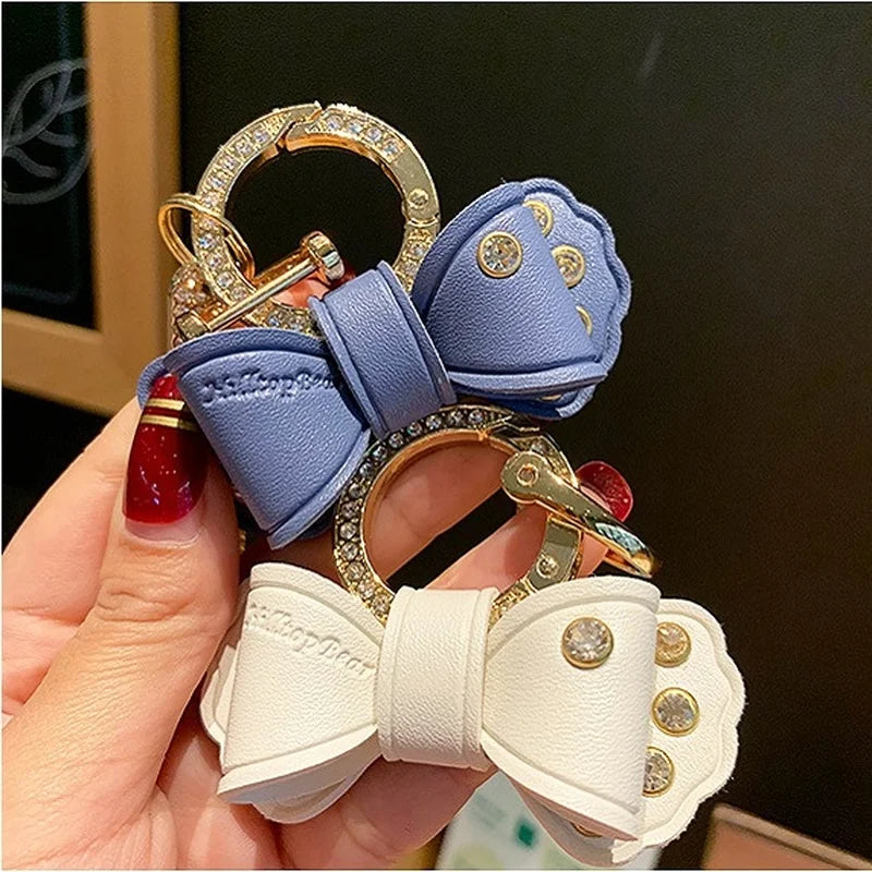 Rhinestone Bow Keychain Gold Metal Ring Car Motorcycle Key Accessory